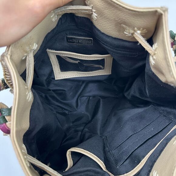 Valerie Steven’s Beige Leather Small Bucket Shoukder Bag Braided Leather Strap - Picture 12 of 16